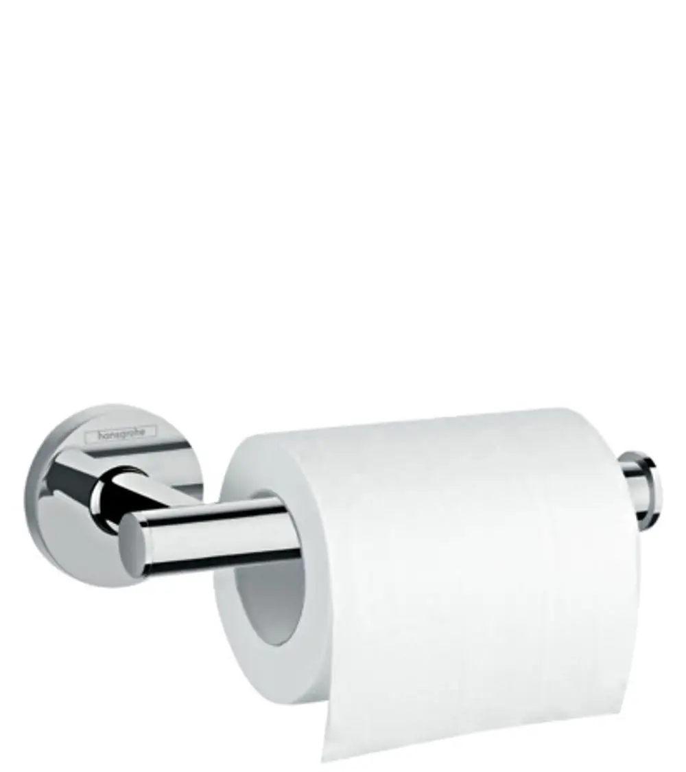 Toilettenpapierhalter in verchromter Ausführung, an Wand montiert. entworfen von Hansgrohe, mit einer Rolle Toilettenpapier.